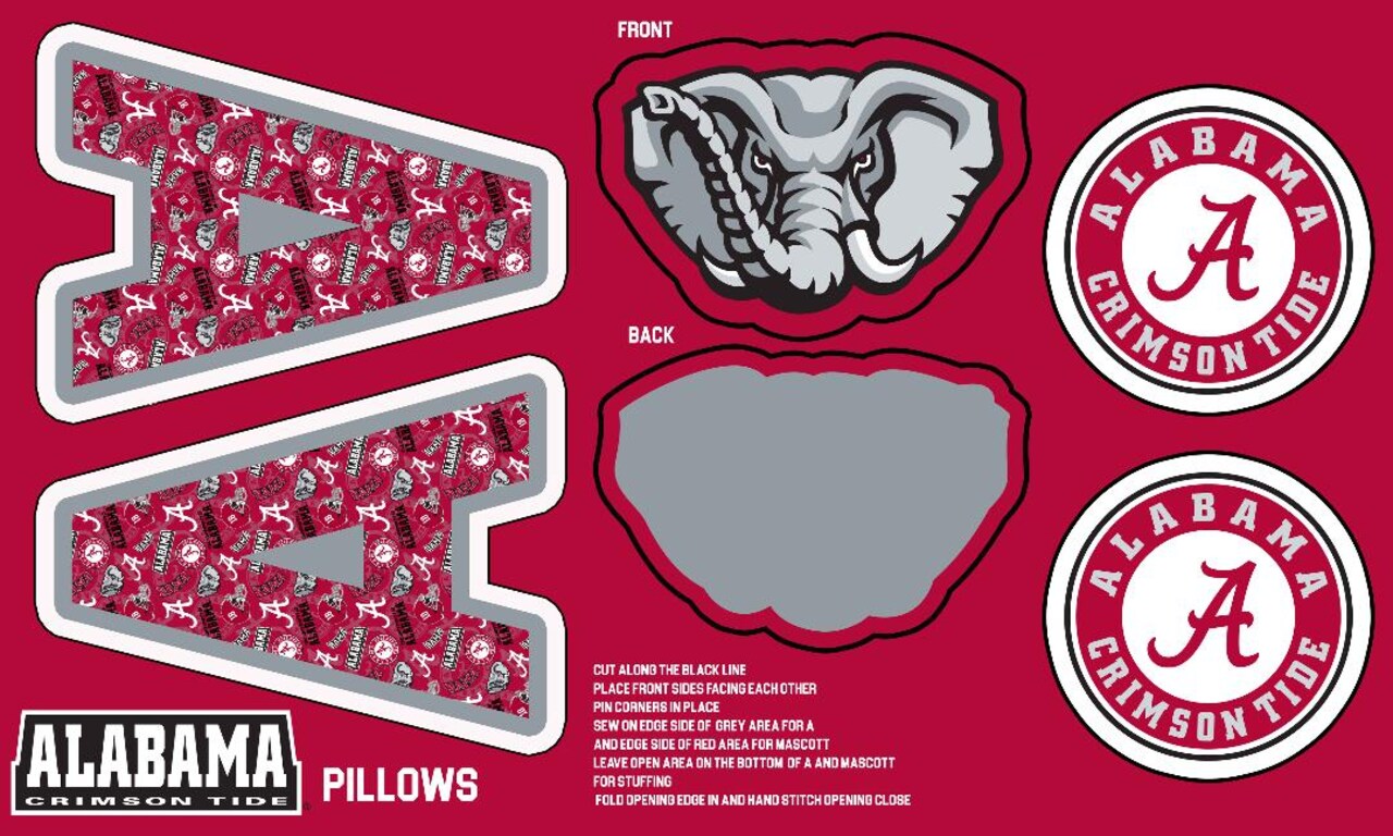 Sykel Enterprises-University of Alabama Minky DIY Pillow Project. Cut, Sew, and Stuff-Each Panel yields 3 pillows